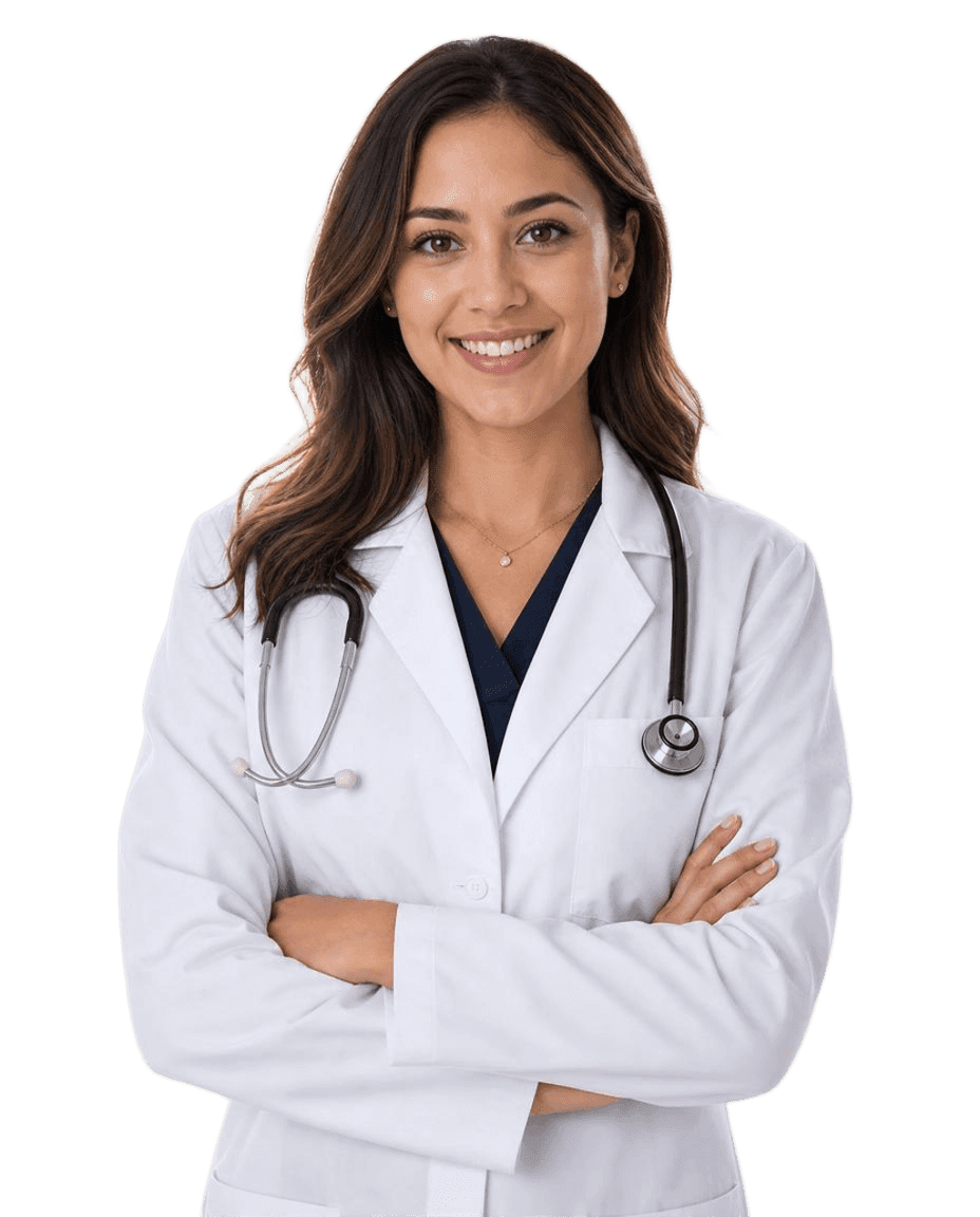 Clinician smiling in a white coat